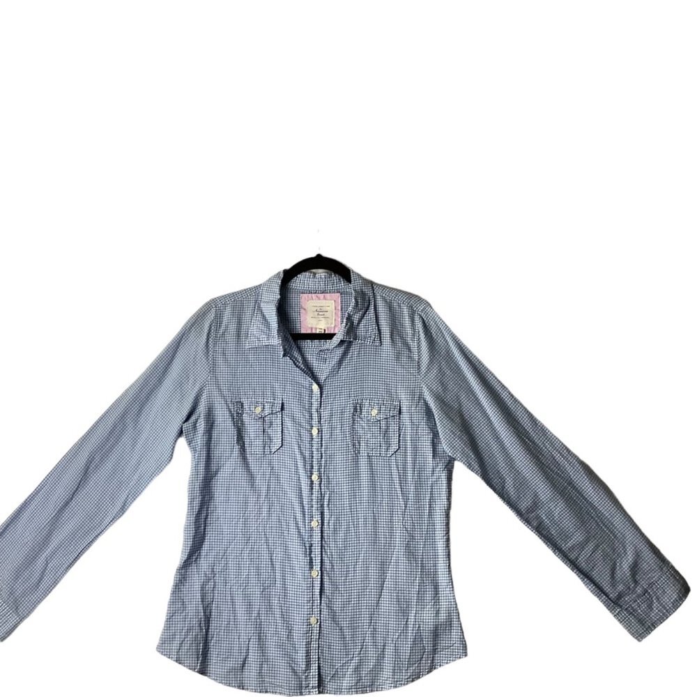 I Love H 81 Woman Size‎ Large Blue Mini Checker Pockets Roll Tab Button Up Shirt